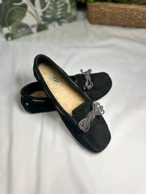 UGG Women's Black Suede Moccasins with Gray Bow